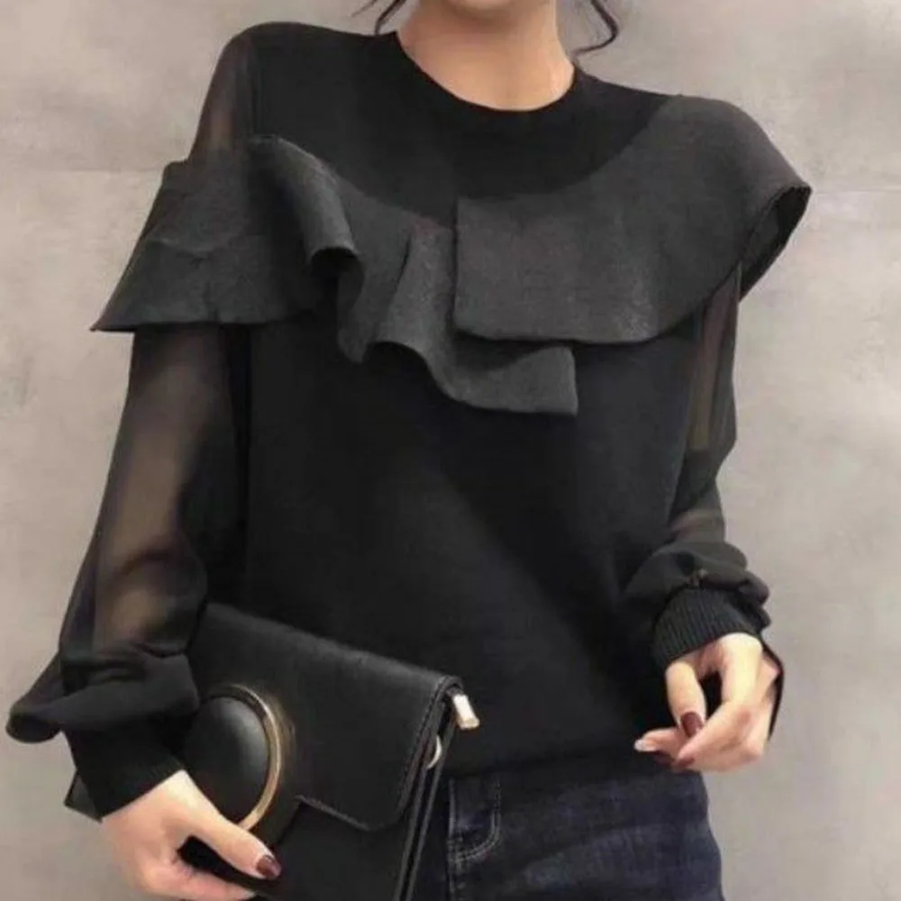 

2021 Spring Autumn Women Top New Korean Fashion Solid Color Simplicity Round Neck Ruffle Long Sleeve Blouse Temperament Casual