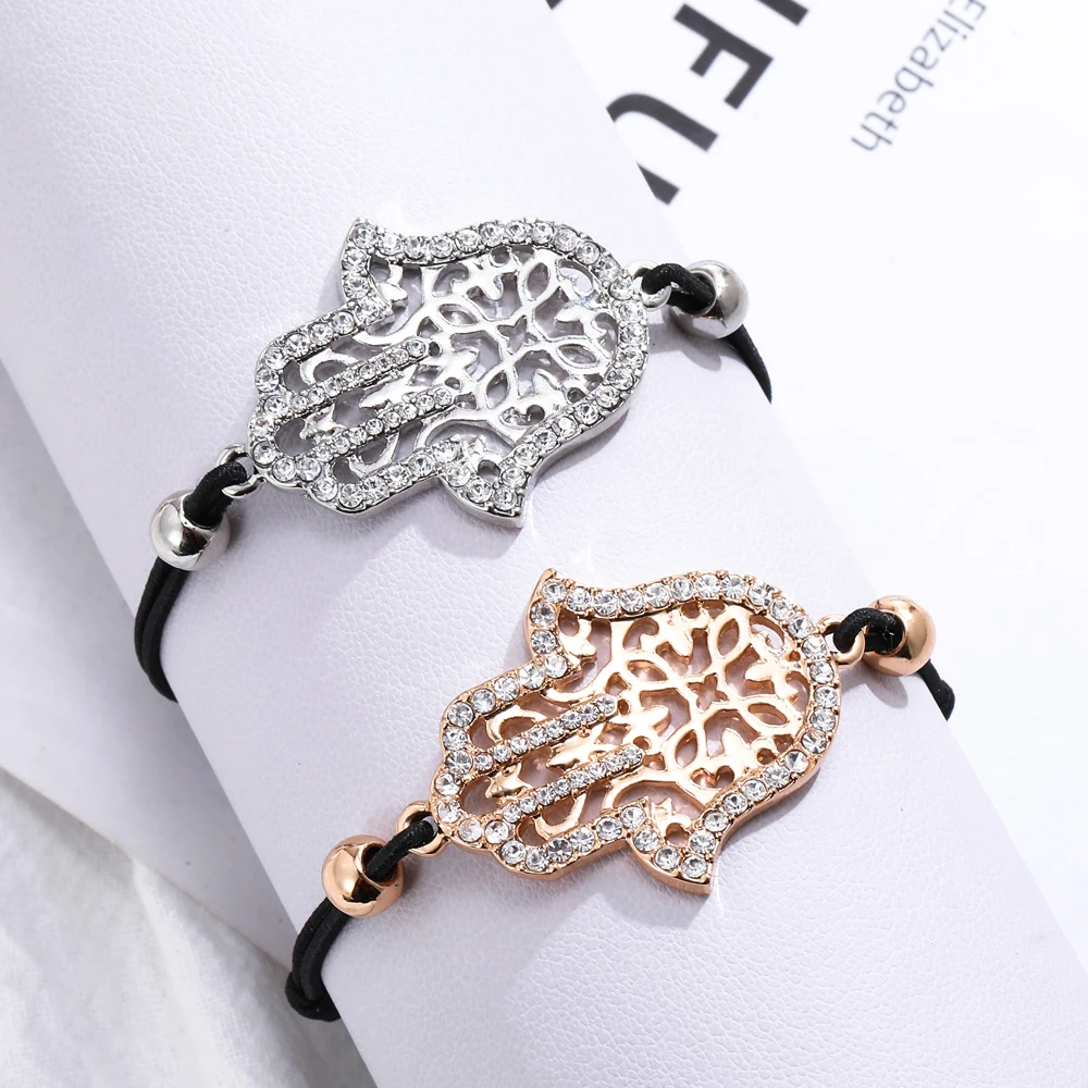 Браслет Hamsa женский с подвеской рука Фатима золотистый стразы кожаный аксессуар |