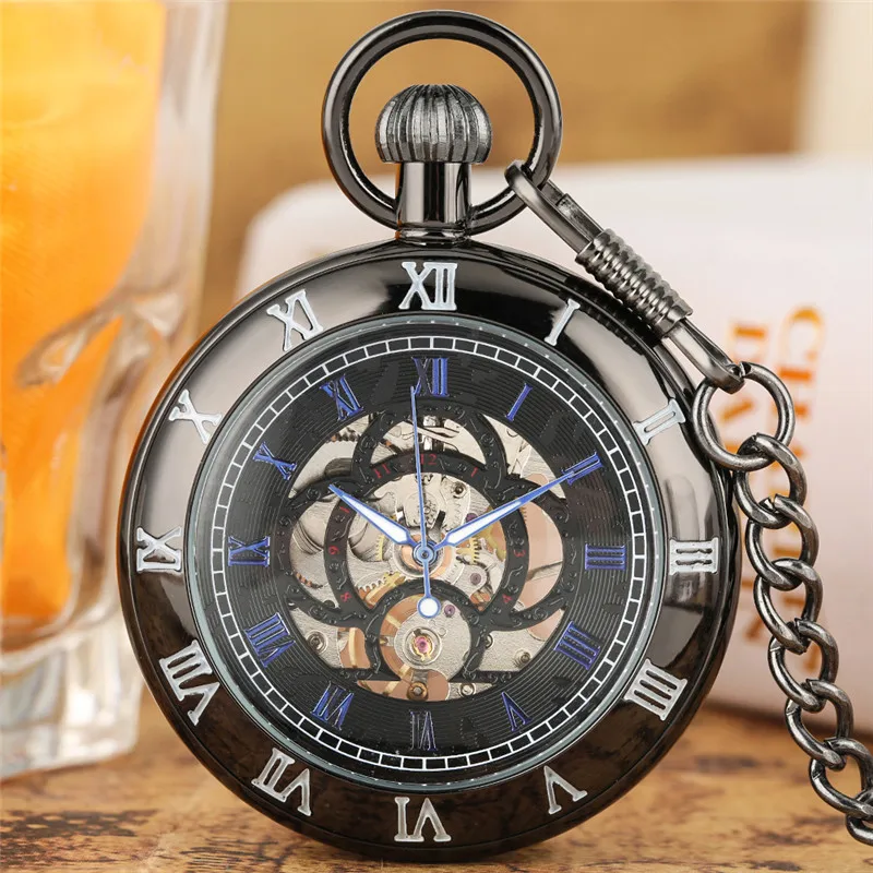 Bronze/Silver/Black Carving Roman Numerals Design Mechanical Hand-Winding Pocket Watch for Men Women Pendant Chain Clock Gift owl key chain ring pocket watch for kid simple white dial with arabic numerals clock men bronze accessory women gift zakhorloge