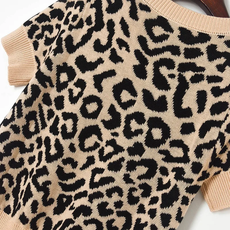 

New Autumn Vintage Leopard Pull Femme 2021 Casual O-neck Short Sleeve Knitted Sweater Women Runway Designers Tops Femme