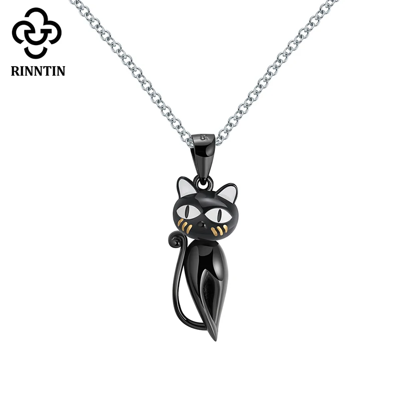 Женский кулон в виде черного кота Rinntin из стерлингового серебра 925 пробы с белой