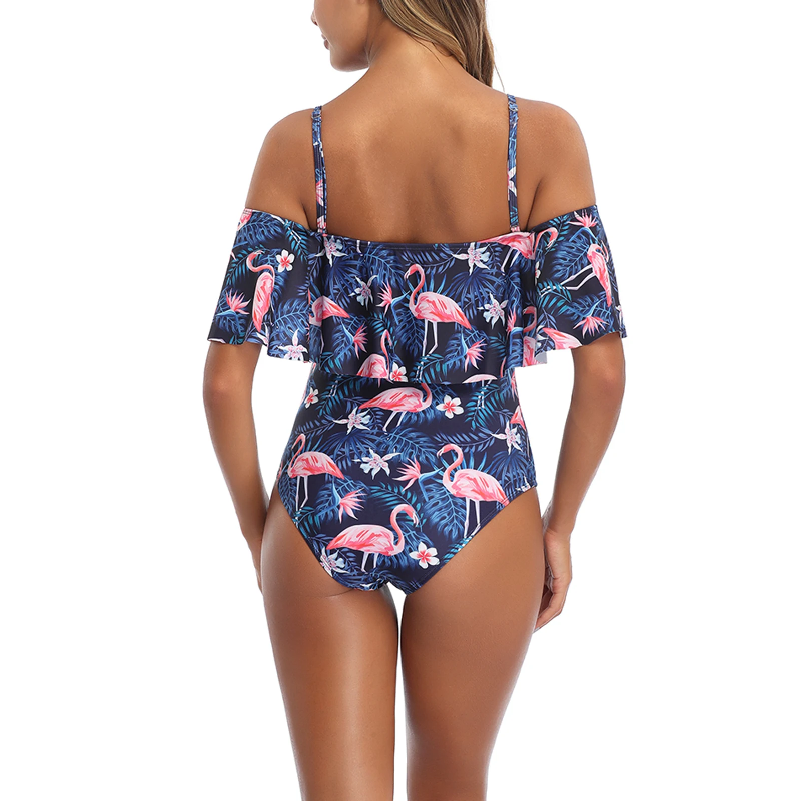 

Women Floral Swimsuit, Bikini Romper, Backless Off-Shoulder No-Sleeve Sling Flouncing Beachwear