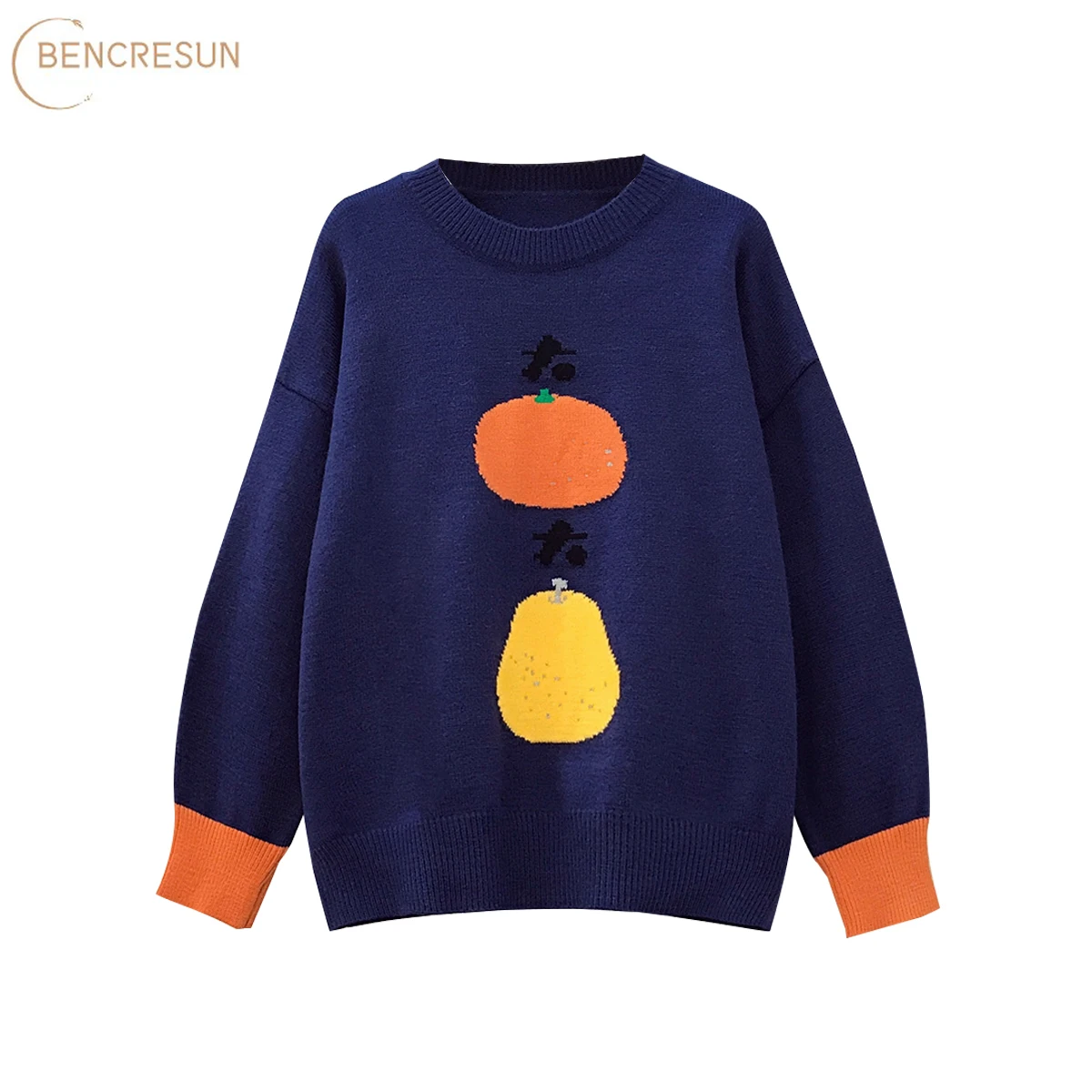 

Casual Plus Size Women Sweater with Orange and Pear Print Autumn and Winter Round Neck Pullover Knit Sweater Loose Knit Sweater