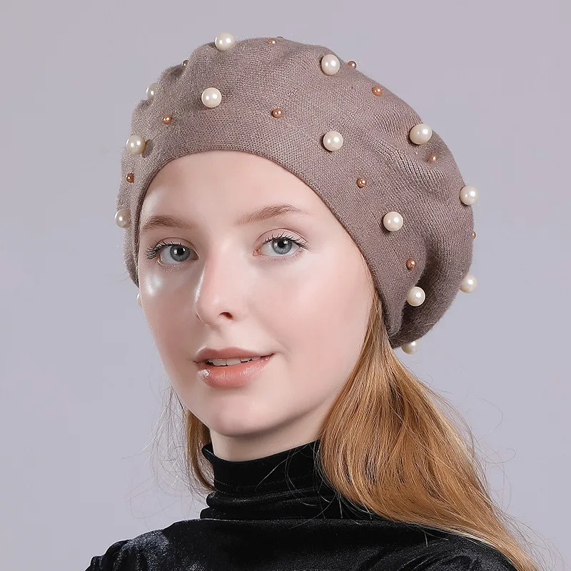 Женский жемчуг берета 2020 Весенняя Повседневная однотонная шерстяная