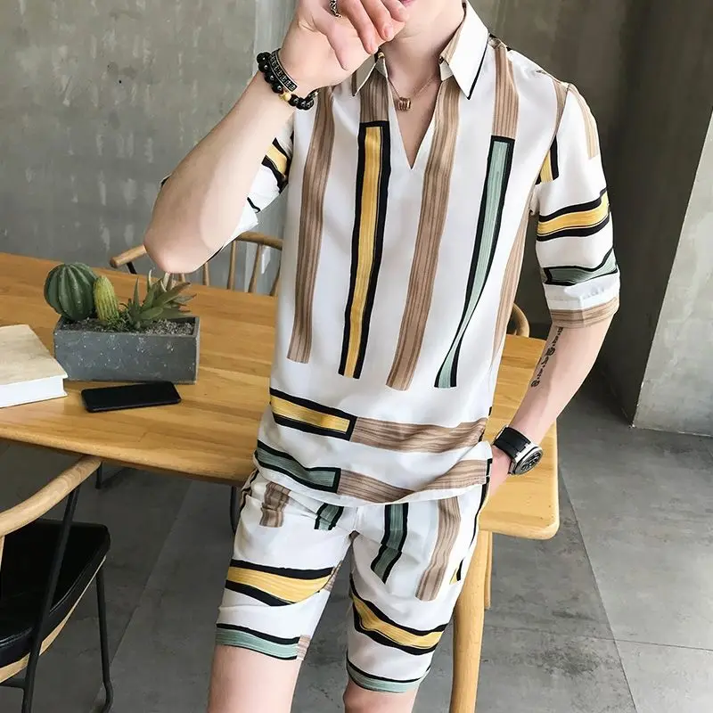 Summer Striped Men's Suit, Ice Silk Short-sleeved Shirt and Shorts, Men's Casual Trendy V-neck  Two Piece Set Summer  Tracksuit