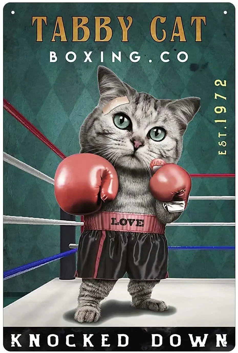 

Metal Tin Sign Tabby Cat Boxing co,Cat Love Boxing,Knocked Down,Retro Tin Sign for Home Hotel Bar Cafe Outdoor Wall Decoration