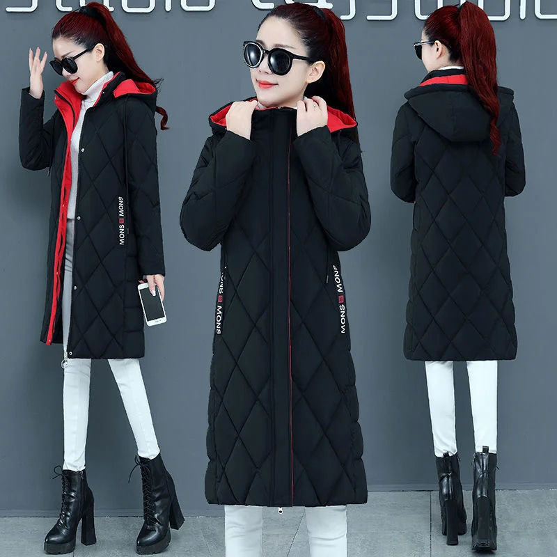 Off-season Down Cotton Jacket 2021 Winter New Cotton-padded Jacket Women Slim Lattice Mid-length The-knee Fashion Jacket A657