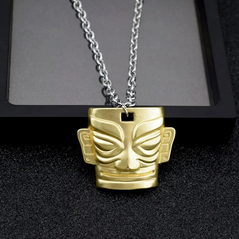 

New Sanxingdui Golden Mask Pendant Necklace With T-Shirt Long Necklace Men's And Women's Necklaces Gifts colar longo