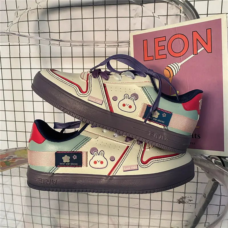 

Fashion Purple Woman Vulcanize Shoes Patchwork Female Shoes Kawaii Rabbit Print Lolita Shoes Cute Mix Color Girls' Footwear