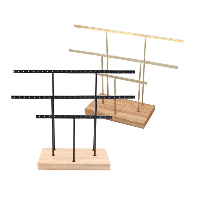 

2Pcs Log Earrings Ring Necklace Bracelet Display Storage Rack Hanging Jewelry Organizer Holder Beech Gold + Black