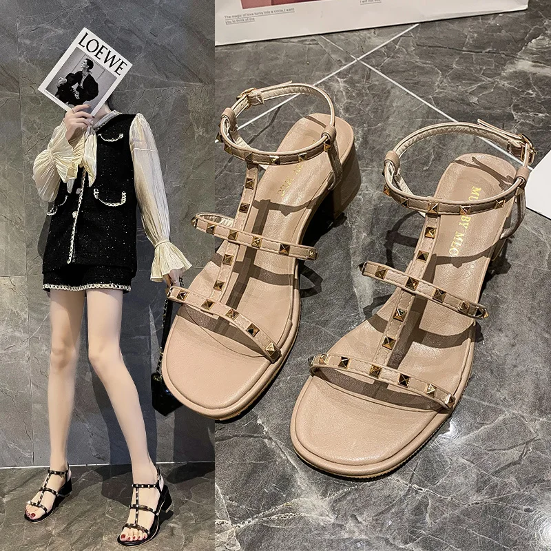 

Beige Heeled Sandals Clear Shoes 2021 Women's All-Match Med Black New Girls Summer Comfort Medium Studded Fashion Casual Rubber
