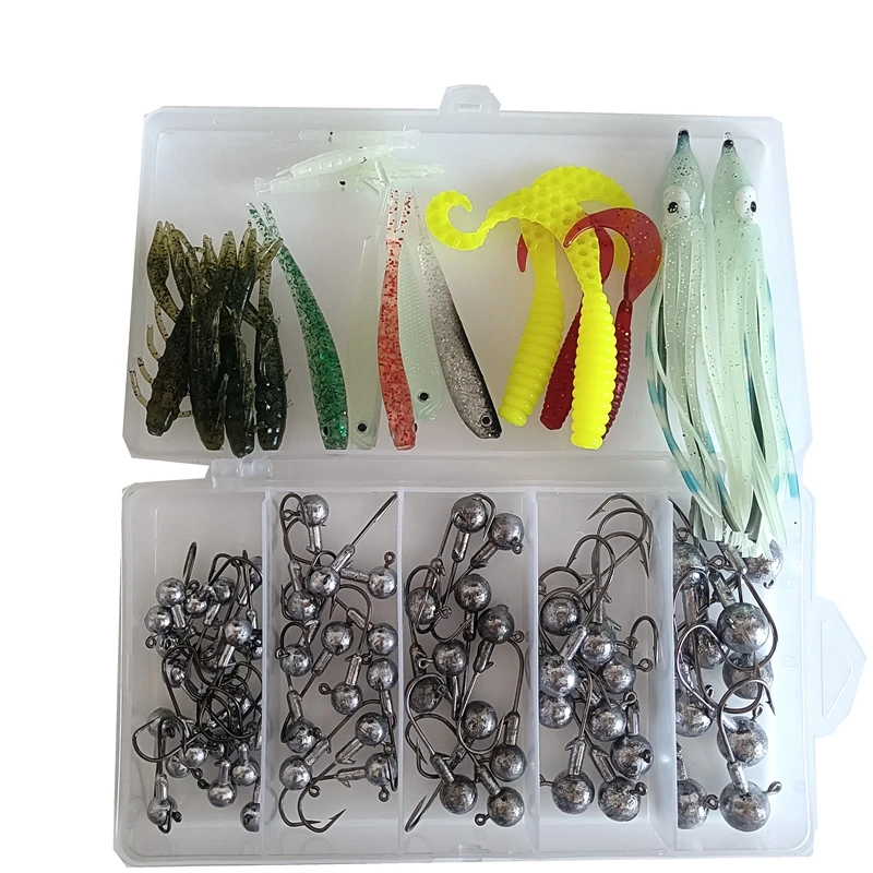 

86PCS Fishing hooks and Fishing lures set Jig head hook soft lures hook Octopus skirt Silicone worm fish Imitation crab with hoo
