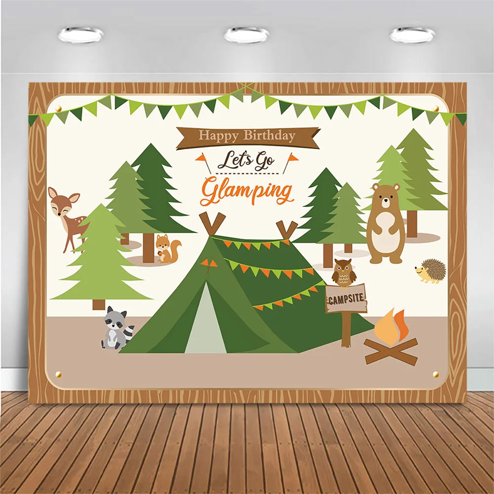 

Let's Go Glamping Photography Background Tree Fire Tent Happy Birthday Backdrop Birthday Party Photo Background for Photo Studio