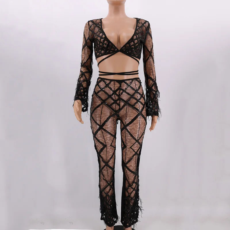 

Sexy Seethrough Feather Sequined Two Piece Set Top And Pants Summer Suit Women Club Outfits Woman Clothing Party Wear DT1264