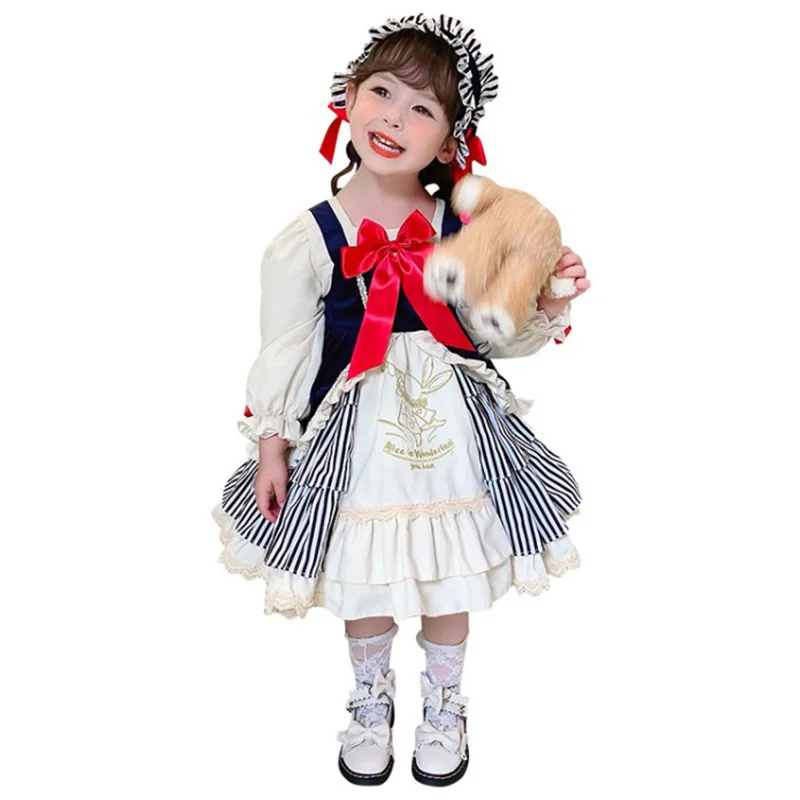 

Cartoon Rabbit Print Red Bow Stitched Lolita Princess Puffy Sleeve Ball Gown Dress for Girls Party Dress for Kids Girl Birthday