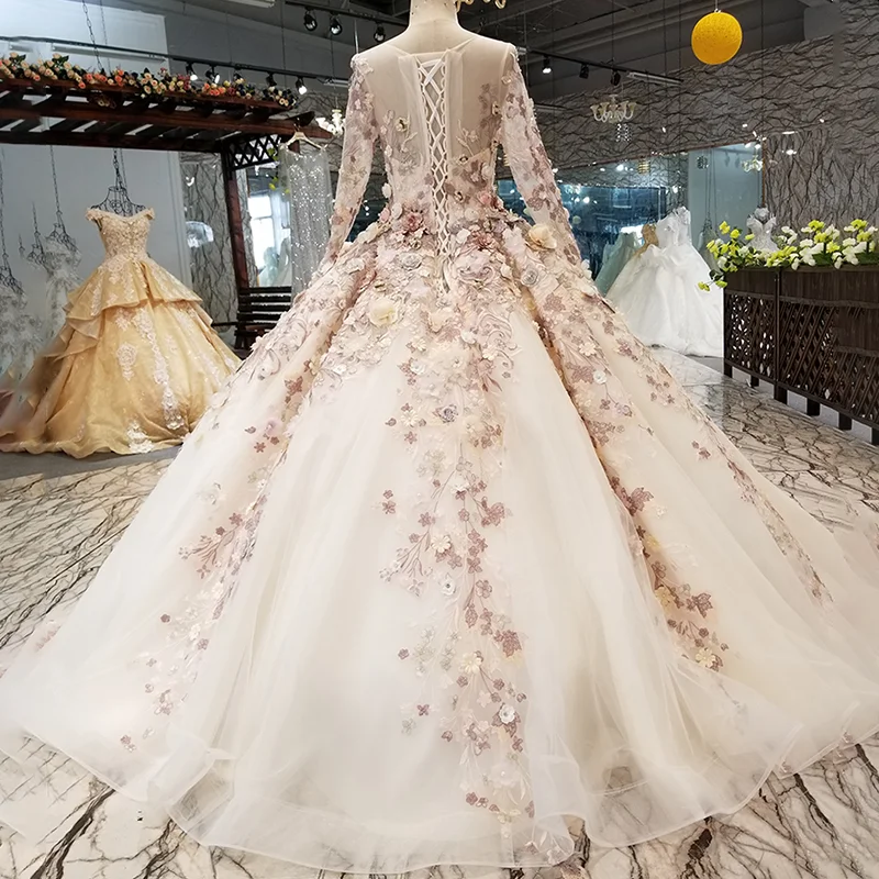 LS3211 luxury dubai evening dress long sleeves o neck 3D flowers floor length ball gown women occasion can make for muslim | Свадьбы и