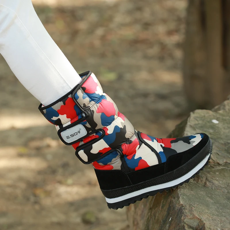 Женские сапоги до середины икры ESOV зимняя обувь модные камуфляжные теплые