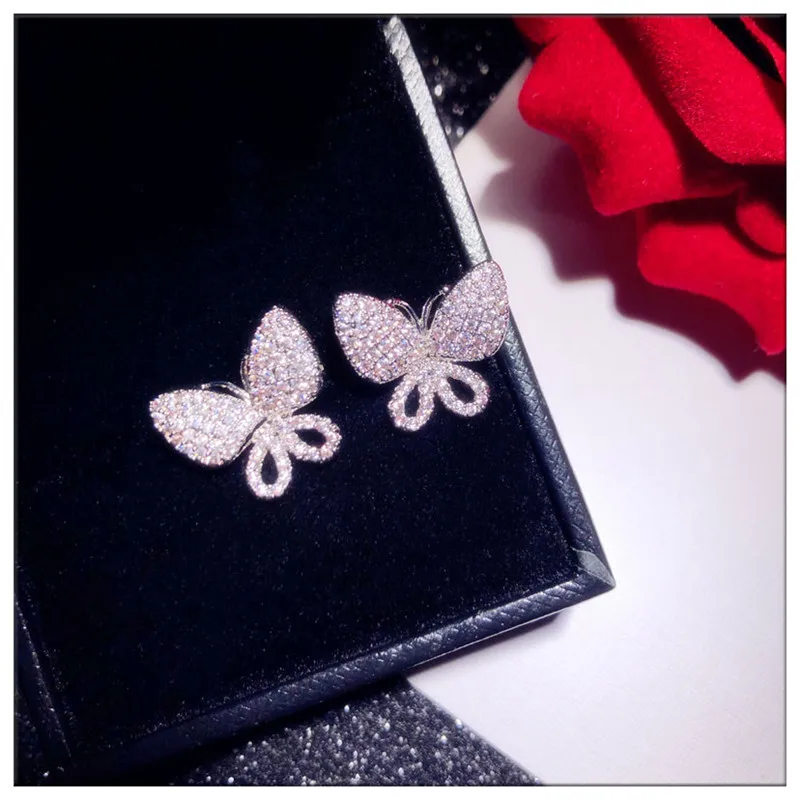 S925 Sterling Silver Needles Fine Jewelry Stud Earrings For Women Butterfly Cubic Zirconia Elegant Temperament Fine Jewelry