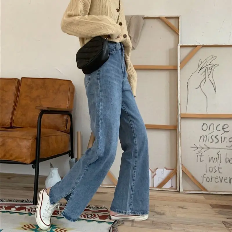 

Spring Korean version ins retro loose straight split jeans women's high waist versatile show thin wide leg long pants fashion