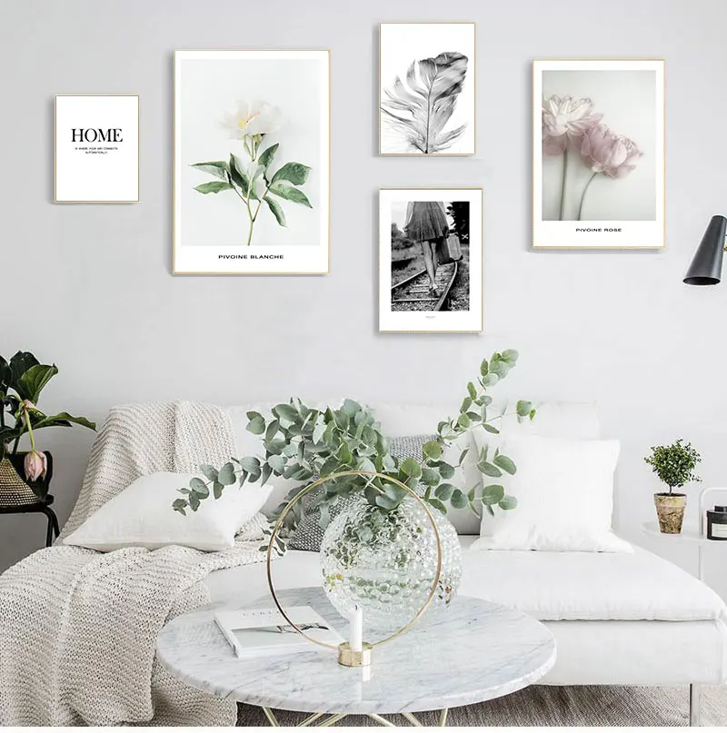 

White Rose Pink Flower Feather Wall Art Canvas Painting Nordic s And Prints Wall Pictures For Living Room Bedroom Decor