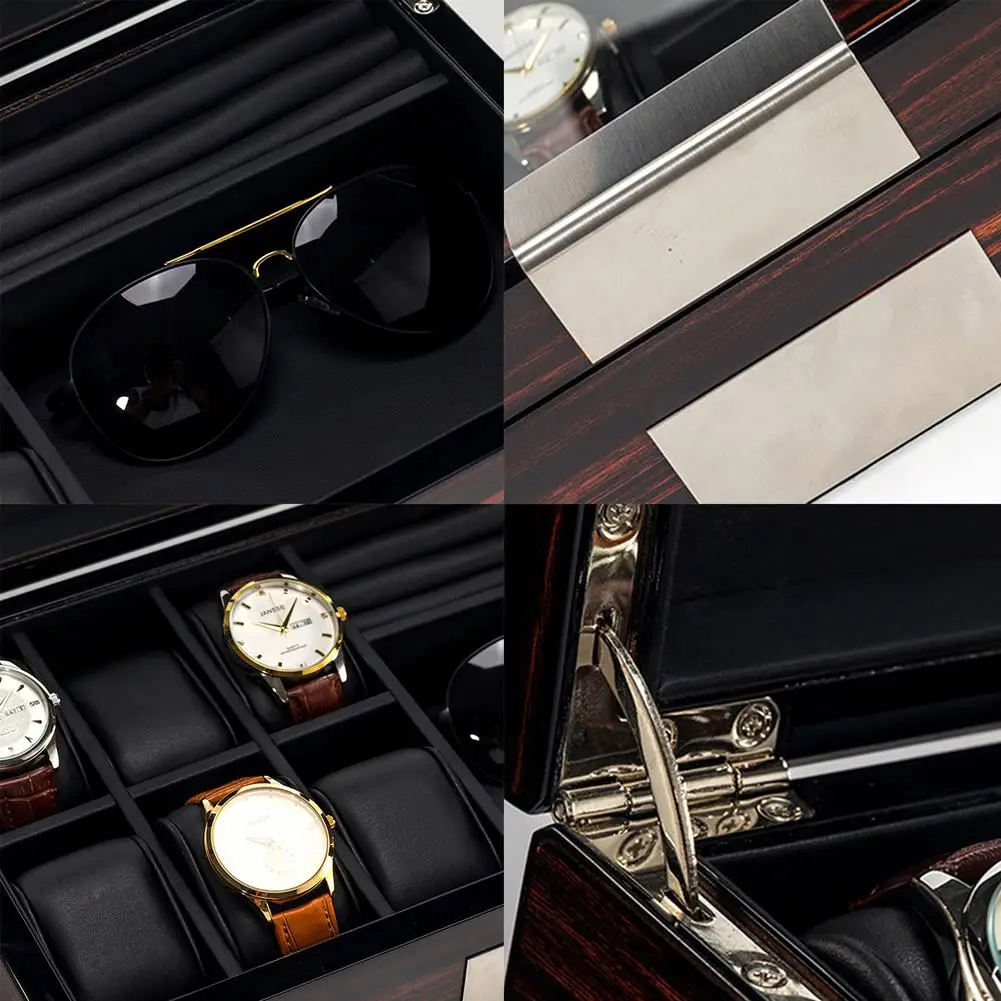 

Watch Box Ebony Wood 6 watches Eyeglass Storage Case