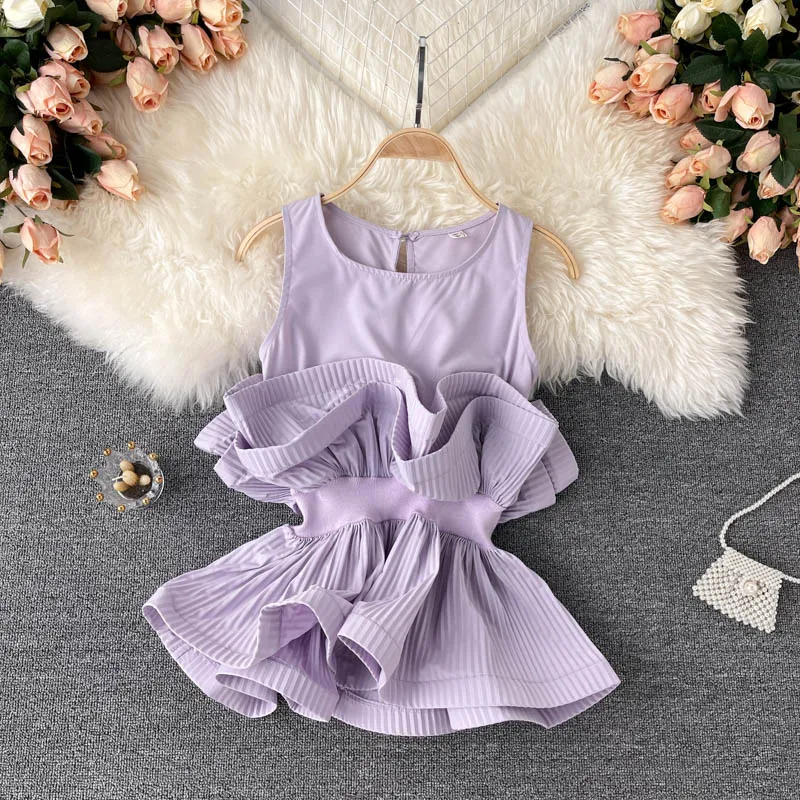 

European Summer Female Chiffon Blouse Women's Pleated Ruffled Elastic Waist Tunic All-Match Sleeveless Vest Shirt Tops 5 Colors