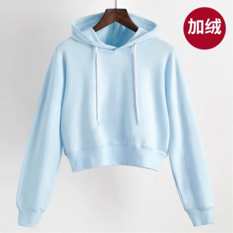 

Euramerican Sexy Solid Color Leaky Navel Short Recreational Women Jacket Shows Navel To Hooded Femmes Sweater Female Sweatshirt