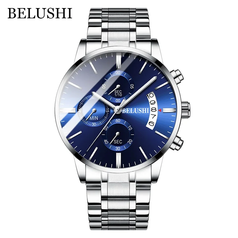 Silver Blue Мужские часы от роскошного бренда BELUSHI, высококачественные мужские деловые повседневные часы, мужские водонепроницаемые спортивные кварцевые наручные часы relogio masculino - Цвет: Silver Blue