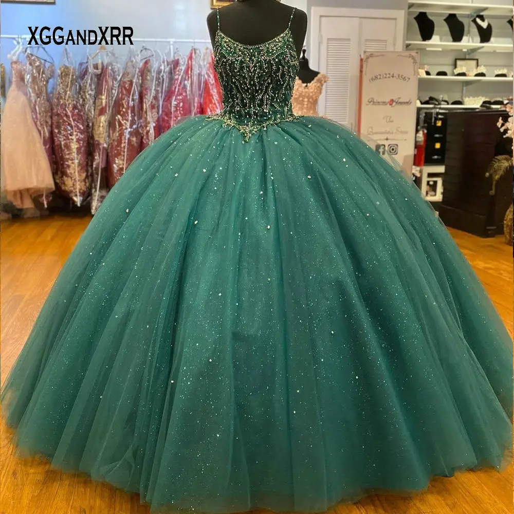 

Luxury Green Quinceanera Dress 2022 Beading Sequins Spaghetti Puffy Skirt Sweet 15 16 Birthday Party Gown Custom Made Pageant