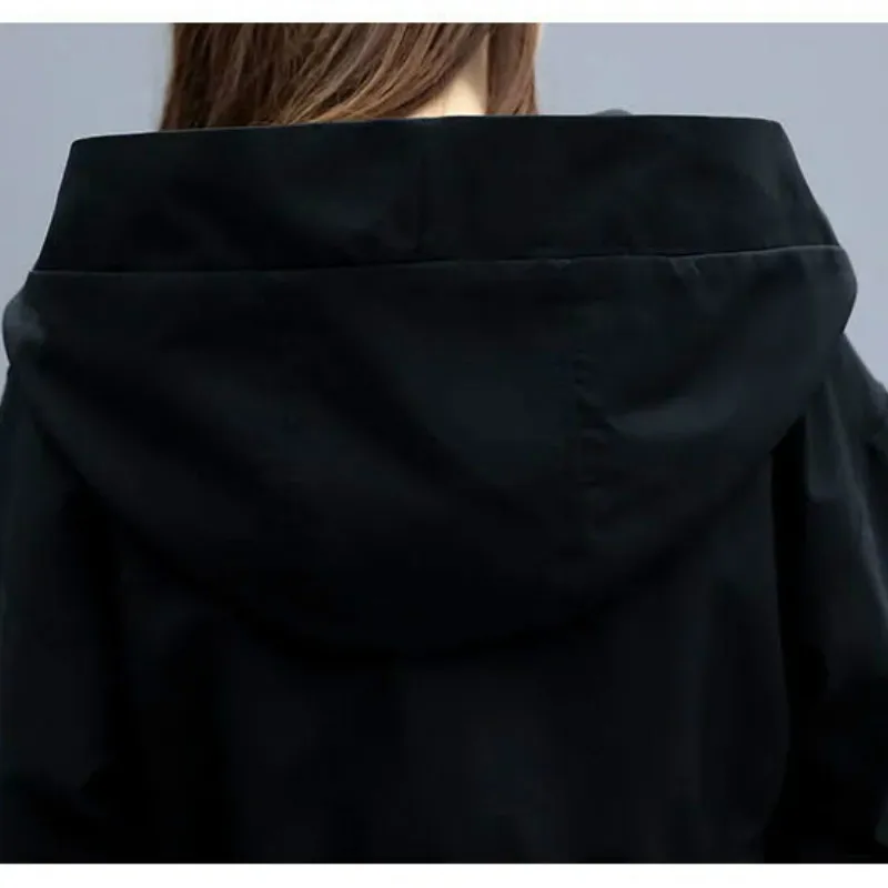 

Plus velvet mid-length autumn and winter new female Korean version loose thick hooded black windbreaker jacket female trend