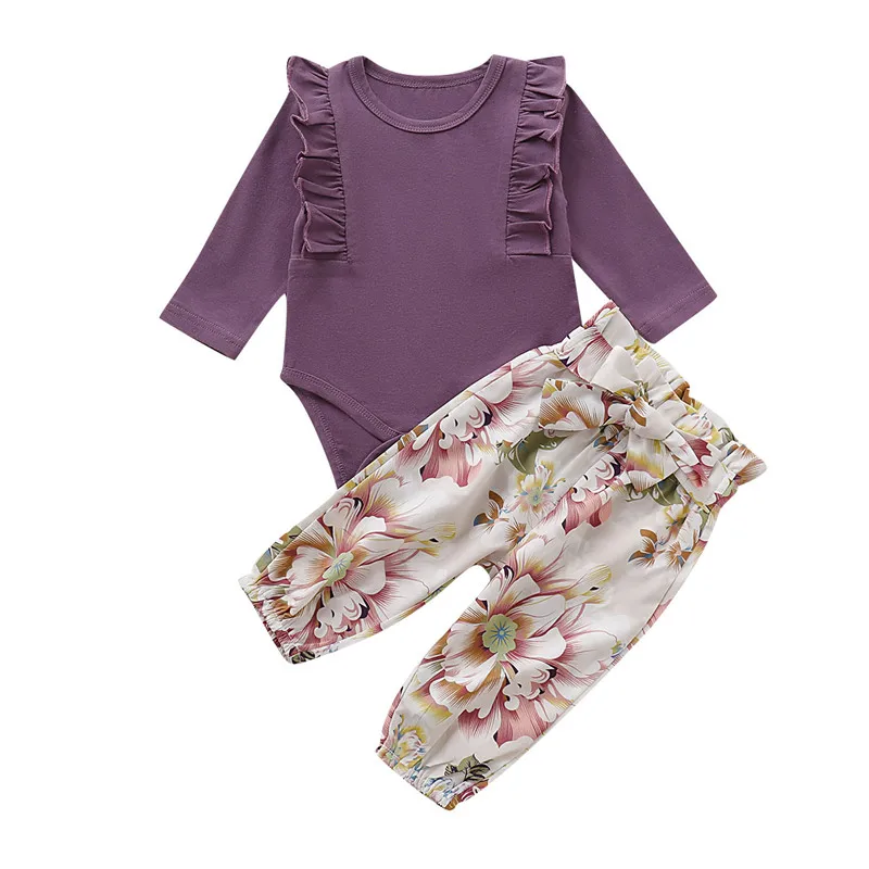 2 шт. Детский комбинезон с длинным рукавом и цветочными брюками|Комплекты одежды|