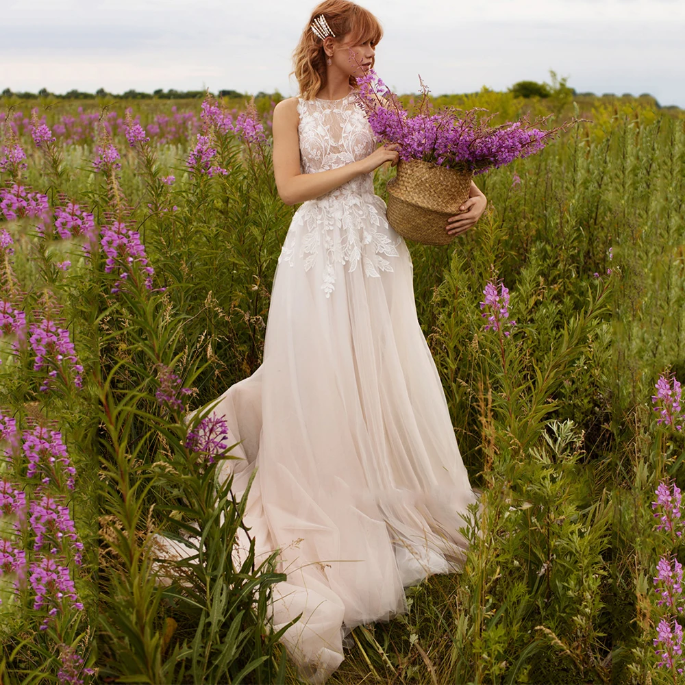 

A-Line O-Neck Wedding Dresses Flowers Lace Applique Sleeveless Tulle Zipper Sweep Train Bridal Gowns 2021 Vestidos De Noivas