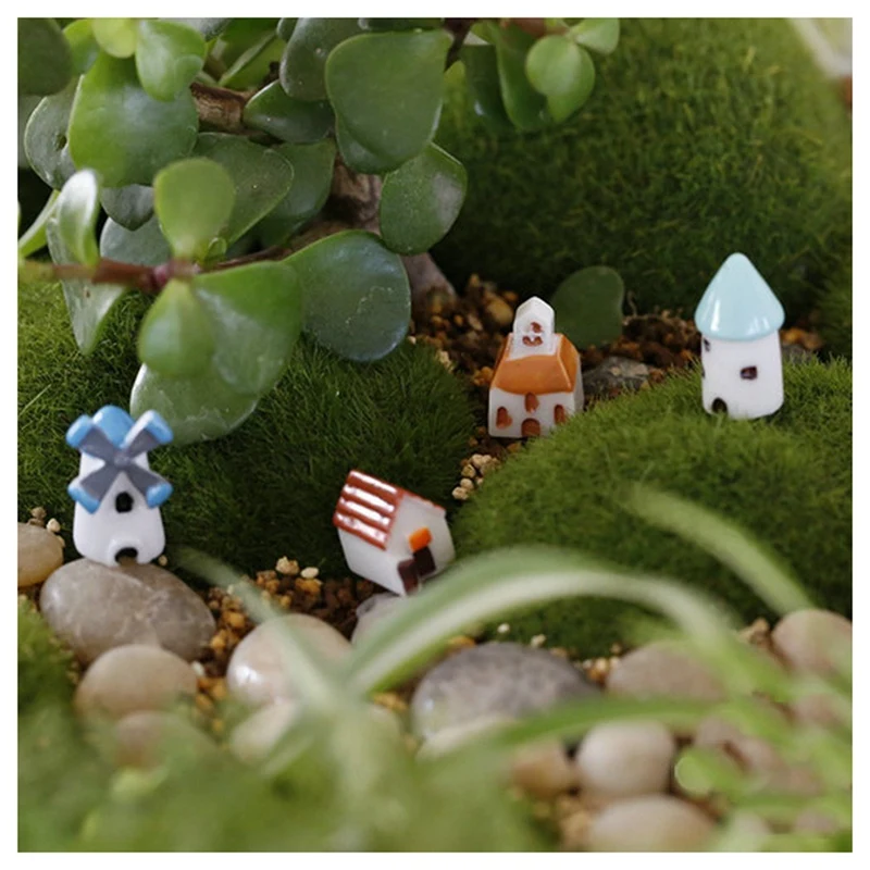 7 Pcs Resin Miniature Landscape Craft Decoration: 3 Plant Pots Bonsai Hedgehog Mushroom &amp 4 Church Castle Windmill | Дом и сад