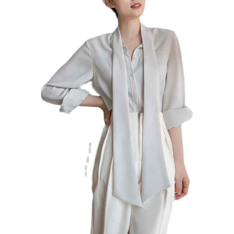 

DEAT Women Beige Gay Temperament Casual Blouse New Bow Collar Long Sleeve Loose Fit Shirt Fashion Tide Spring Autumn 2021 GX959