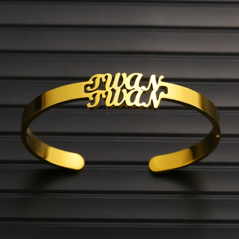 Customized Double Name Personalized Bangle Stainless Steel Gold Color Cuff Bangles For Baby Girl Birthday Gift DIY Jewelry