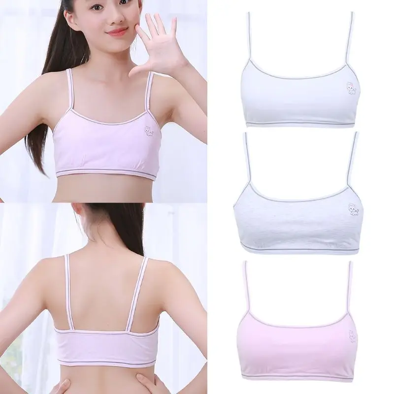 

Junior Puberty Girls Cotton Training Bra Spaghetti Straps Cartoon Cat Printed Underwear Wire Free Non Padded Pullover Bralette C