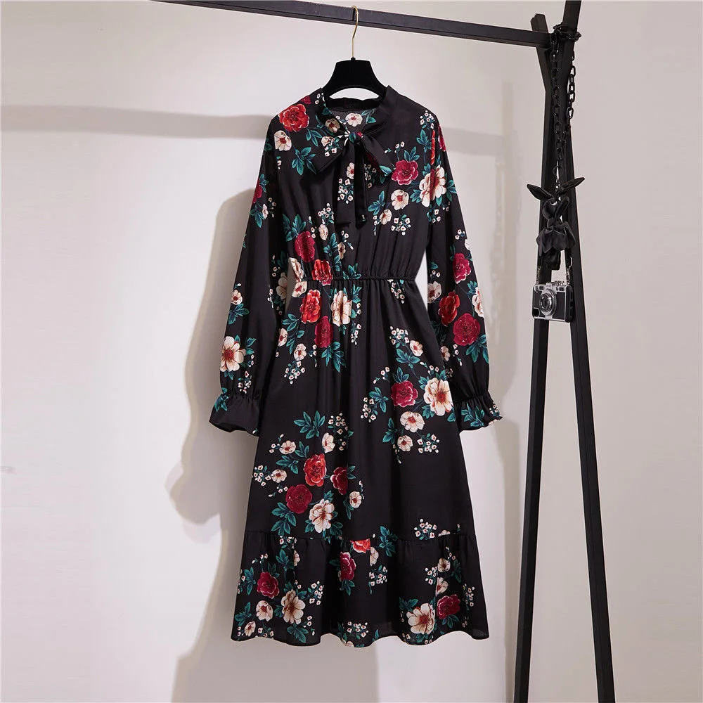 

Women Casual Summer Dress Lady Korean Style Vintage Floral Printed Chiffon Shirt Dress Long Sleeve Bow Midi Summer Dress Vestido