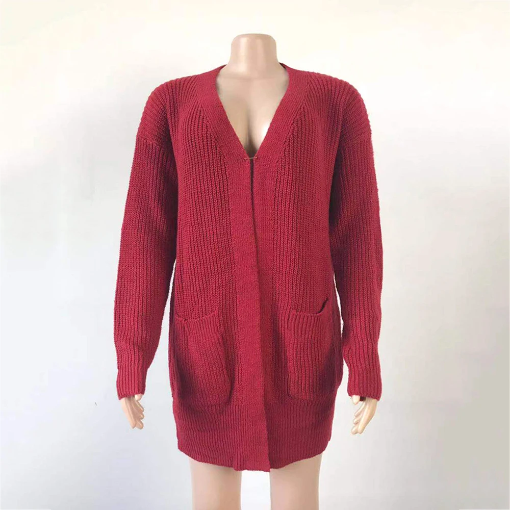 

Autumn Winter Women Long Cardigans Full Sleeve V Neck Solid Color Pocket Streetwear Plus Size Sweaters Femme Knit Coats