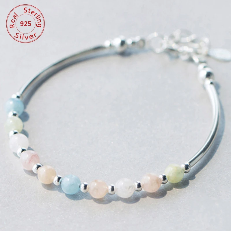 Реальные 925 стерлингового серебра природа морганит камень браслет Lucky