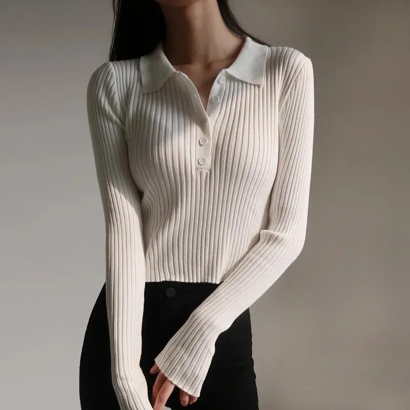 Korean Fashion Buttons Cropped Knitted Polo Shirt Sweater Women Autumn Fashion Elegant Long Sleeve Tops Ladies Knitwear Femme