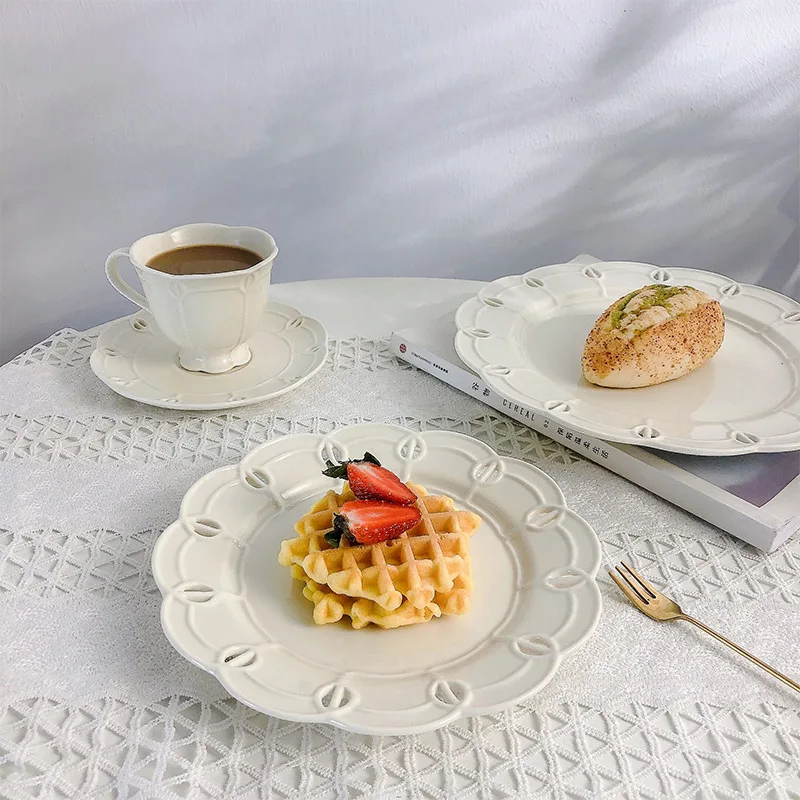 

French Style Vintage White Snack Plates Ceramic Embossed Dessert Bread Trays Cake Dishes Bridal Shower Wedding Party Tablewares