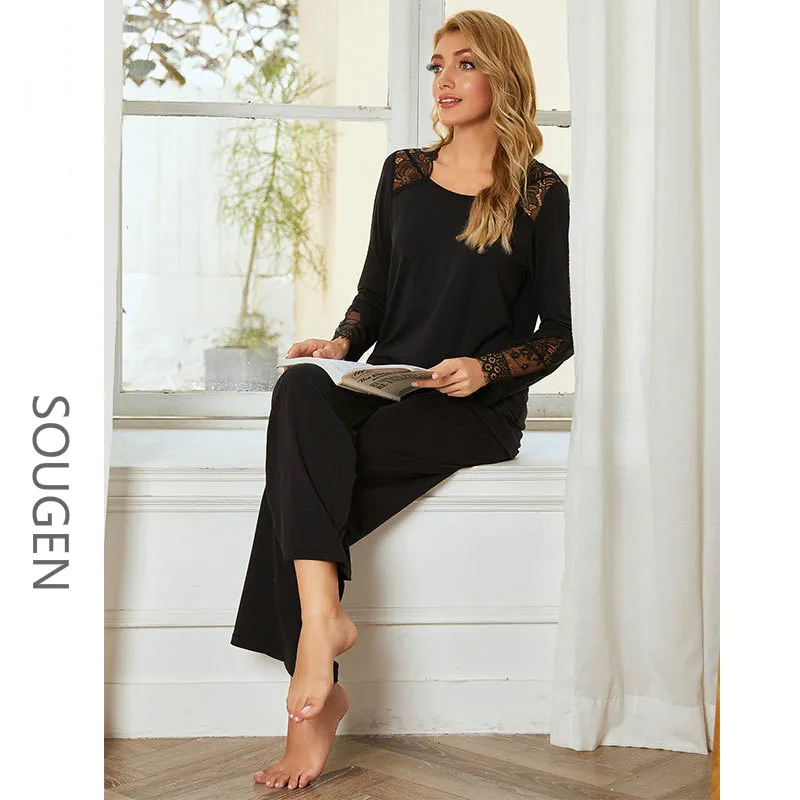 Ladies Lace Pajamas Comfortable Homewear Sets Long Sleeve Pants Ladies Autumn and Winter European Trendy Sleepwear Set Fashion
