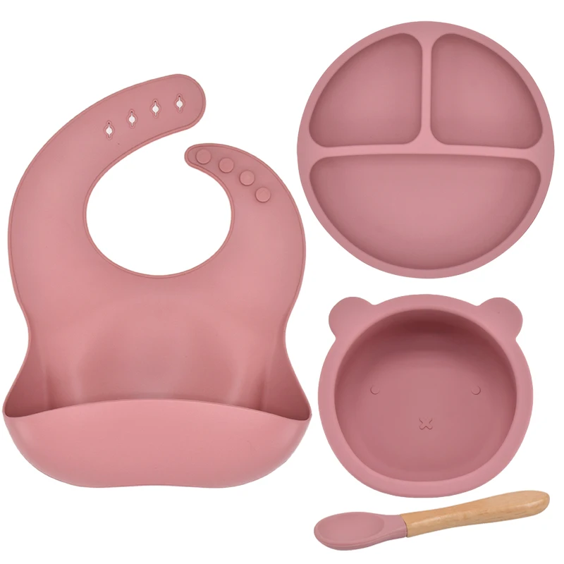 

BPA Free Baby Silicone Tableware Waterproof Bib Solid Color Dinner Plate Sucker Bowl Kid Learning Feeding Training Bowl Set