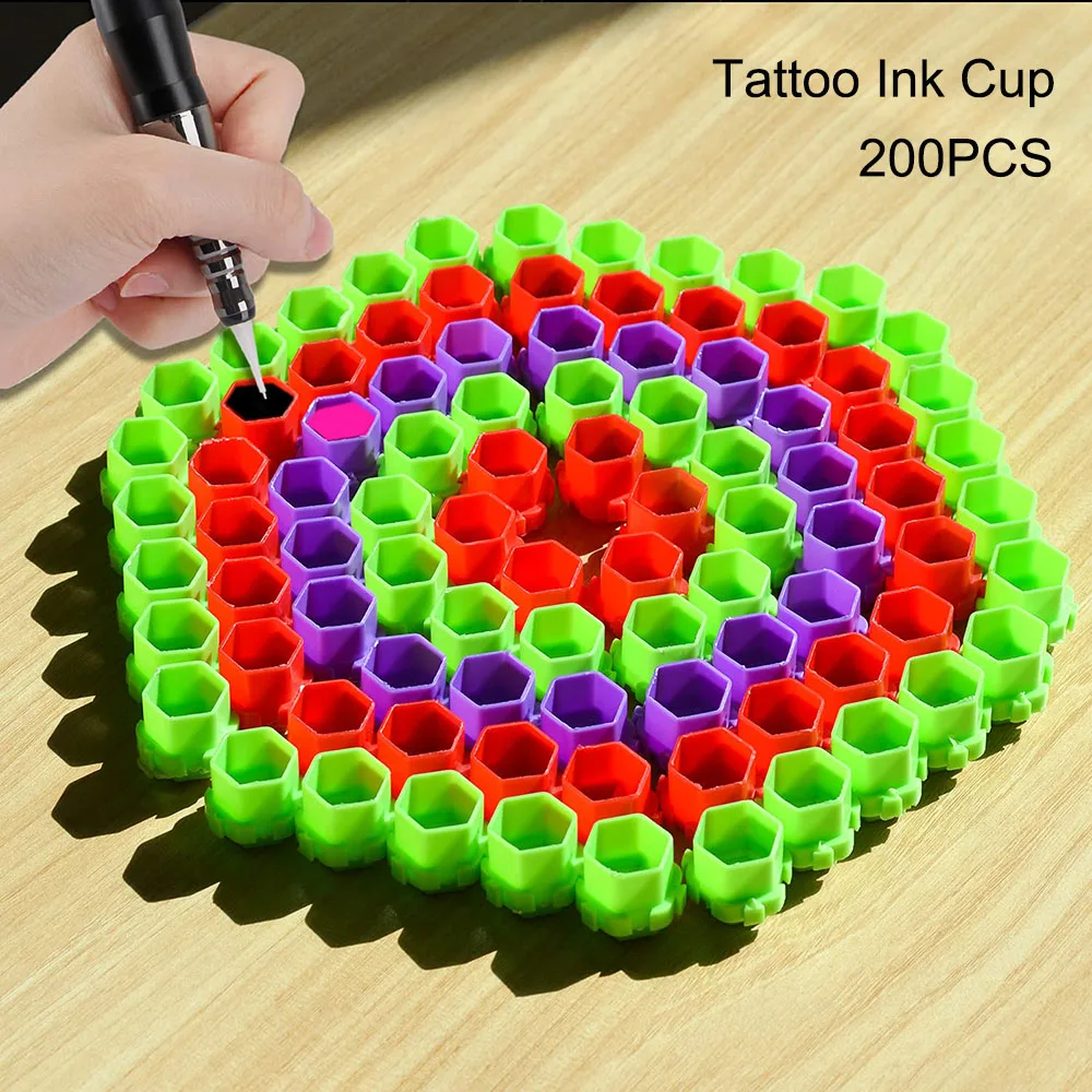 

200Pcs 5 Color Plastic Disposable Tattoo Ink Cup Permanent Makeup Pigment Ink Holder Caps Cups Tattoo Accessories