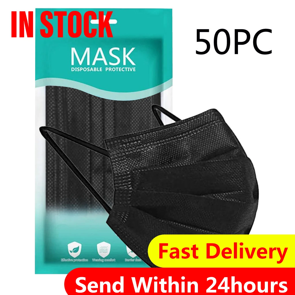 50 шт маска для лица Одноразовые черные хлопковые маски рта Нетканая 3 фильтр