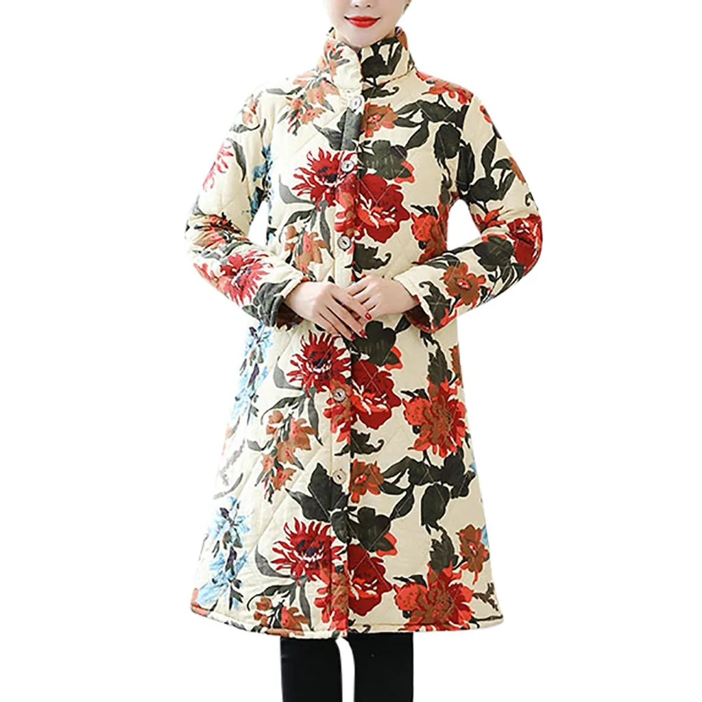 Новинка, зимняя женская куртка, плюс размер, 5xl, вельветовое пальто, женское, винтажное, с цветочным принтом, хлопок и лен, толстая, теплая, длинная парка#3