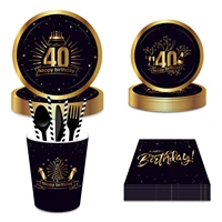adult 30th 40th 50th number black gold cake flames theme happy birthday party dinner disposable tableware sets plates napkins