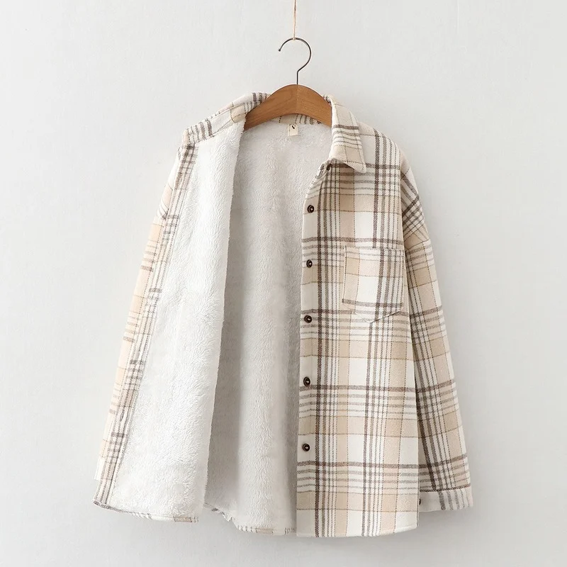 

Women's Jackets Autumn 2021 Plaid Thicken Plush Jacket Korean Lapel Buttons Women's Shirt Jacket Loose Retro Women's Warm Jacket