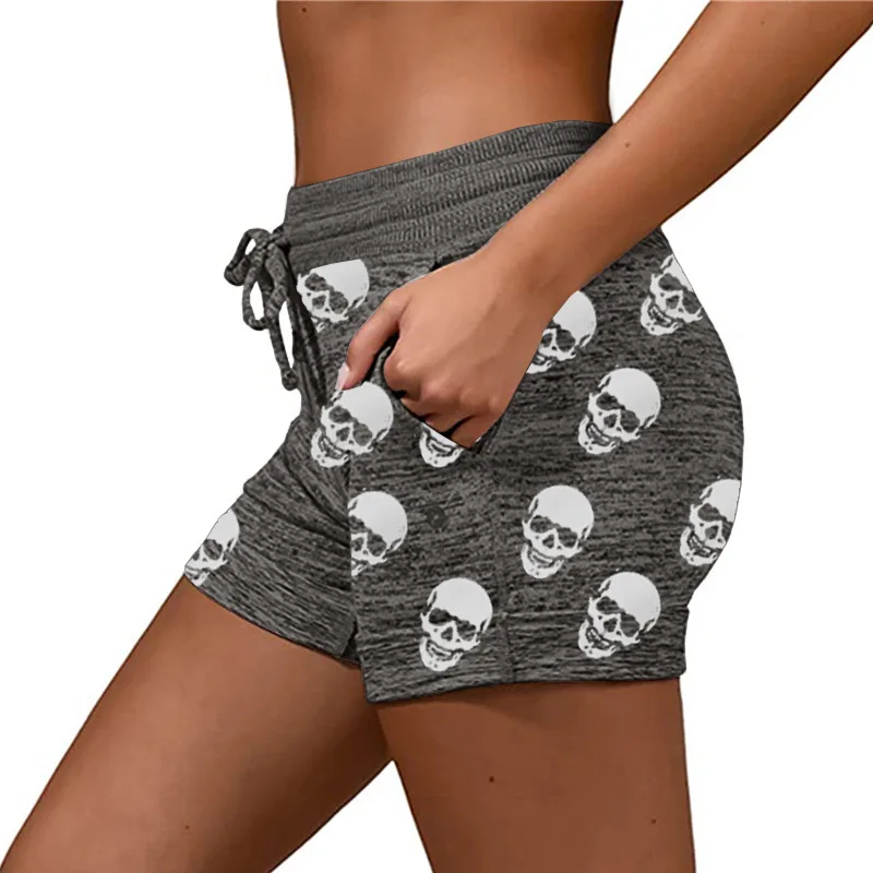 

WEPBEL Women's Sports Casual Pocket Shorts Summer Lace-up High Waist Skull Printed Yoga Straight Shorts