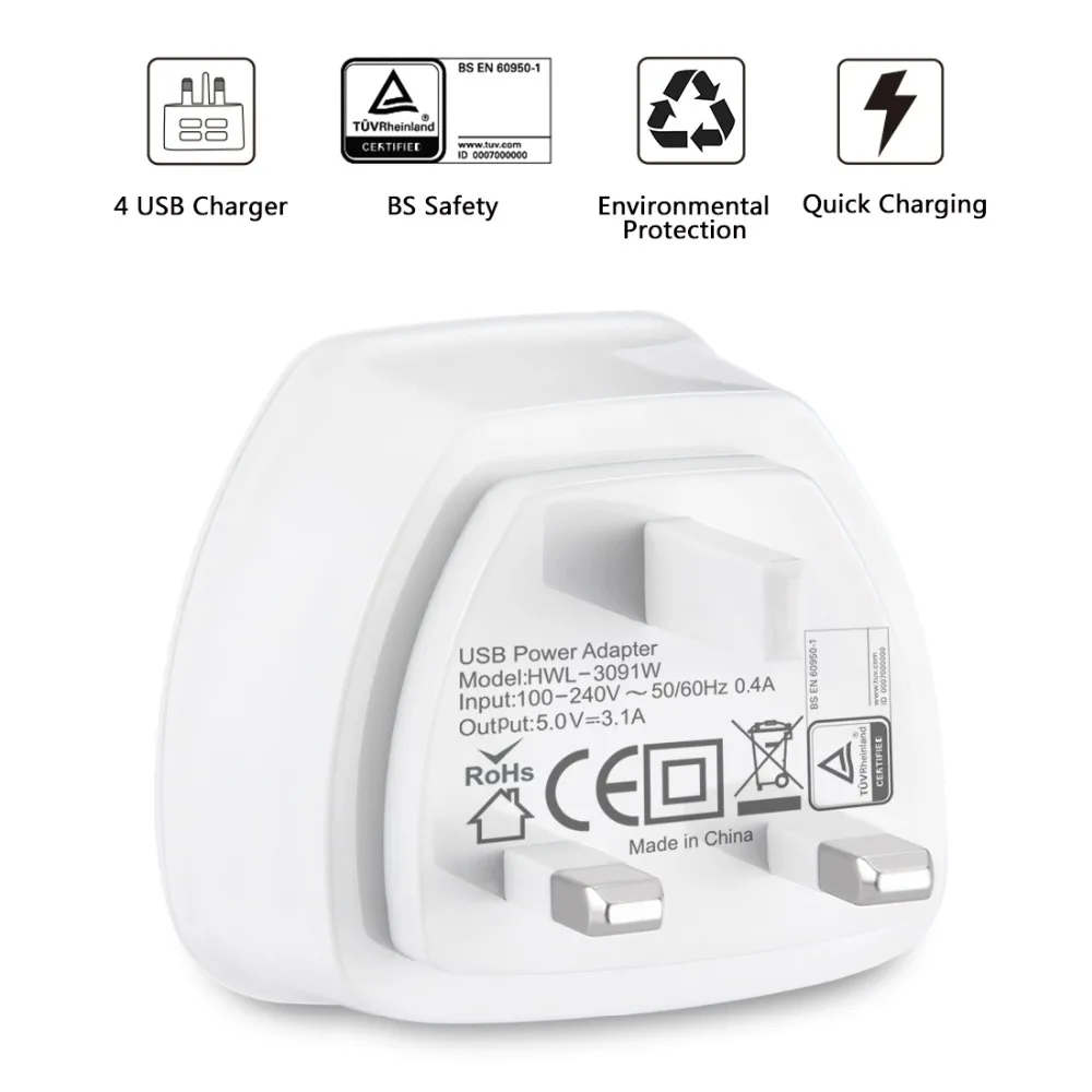 [BS сертификат] HAWEEL UK Plug 4 usb порта Макс 3.1A ravel зарядное устройство, частная форма с патентом, для iPhone, iPad, Galaxy, huawei